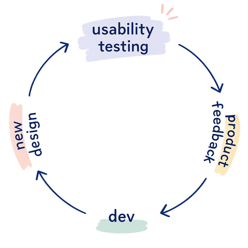 Diagram of an iterative product loop cycling through usability testing, user feedback, development, and new design
