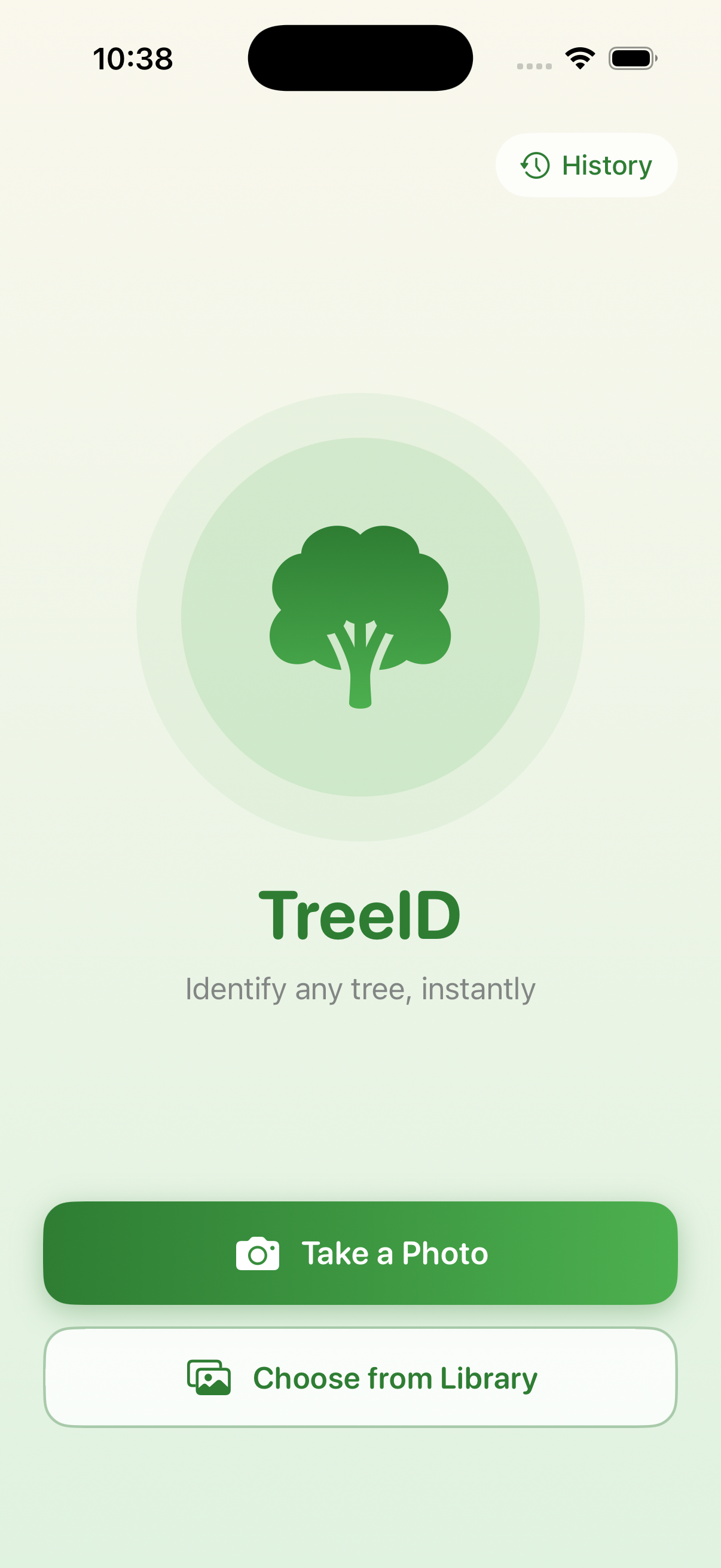 App home screen with a tree photo and two action buttons: Take a Photo and Choose from Library