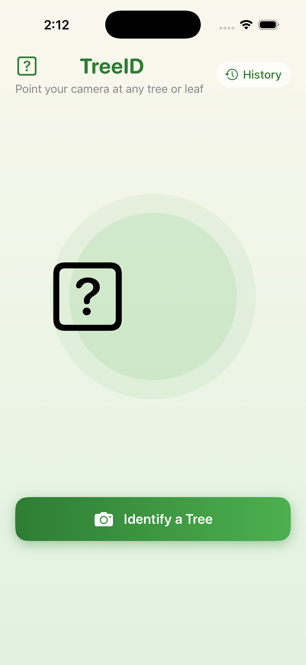 Iteration 2 home screen — camera viewfinder with a green circle placeholder, the prompt 'point your camera at any tree or leaf', a button to identify a tree, and a History button in the top right