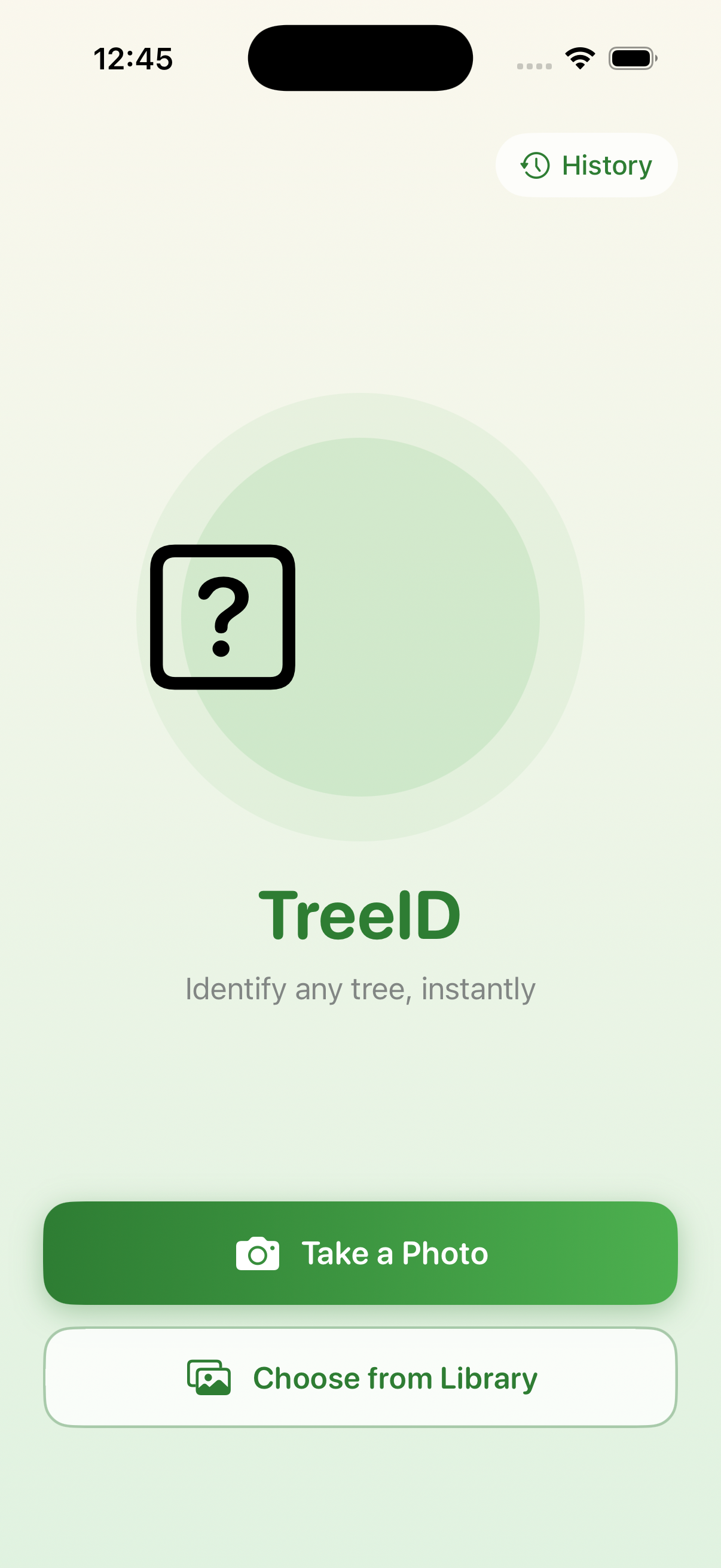 Iteration 3 home screen — green circle placeholder, the tagline 'identify any tree instantly', two action buttons to take a photo or choose from library, and a History button in the top right