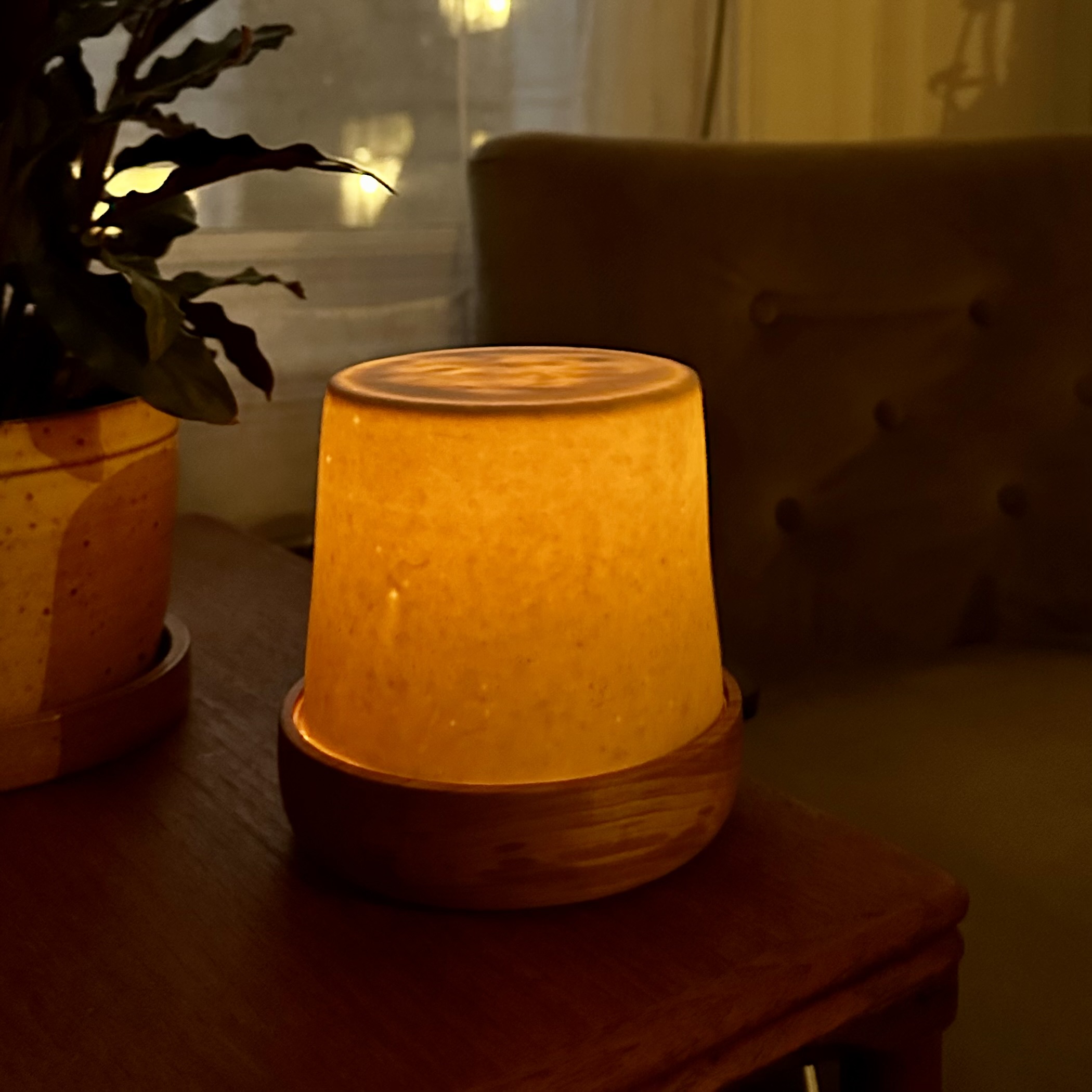 Lamp with a wood base and translucent porcelain shade